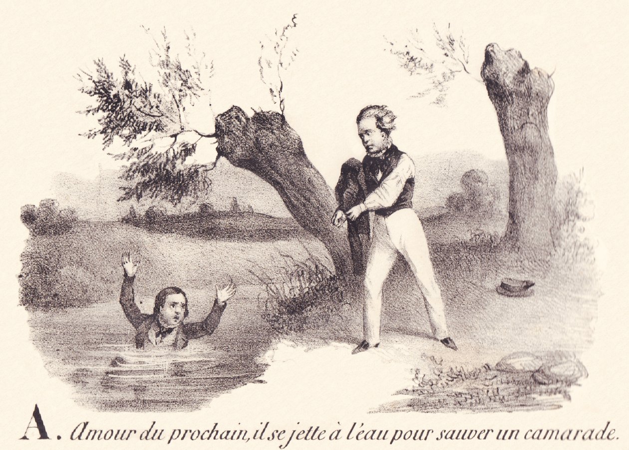 C: Komşu sevgisi, bir yoldaşını kurtarmak için kendini suya atar. by French School