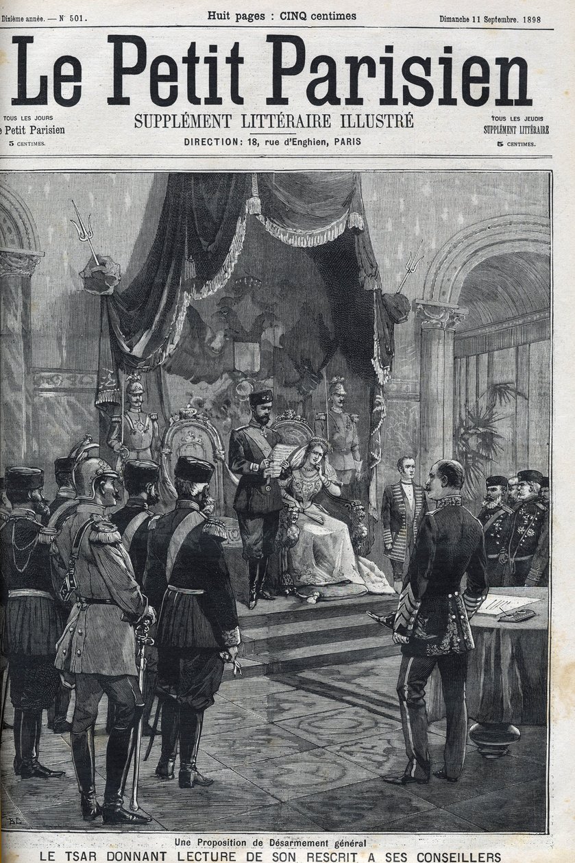 Genel Silahsızlanma Önerisi (Avrupalı Güçlere yapılmıştır) - Çar II. Nicholas (1868-1918) onun reçetesini danışmanlarına okuyor. Le Petit Parisien by French School