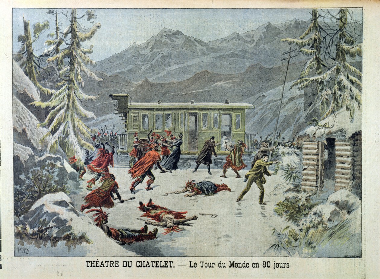 Jules Verne (1828-1905) tarafından 80 Günde Dünyanın Her Yerinden Amerikan Yerlilerinin Saldırıya Uğradığı Bir Tren, Le Petit Journal, 13 Mayıs 1898 by French School