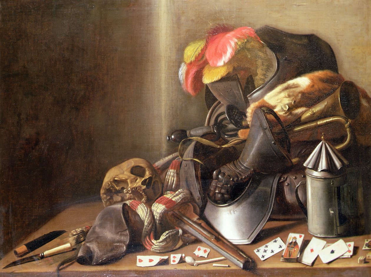 Kafatası, Oyun Kağıtları ve Zırhlı Bir Vanitas Natürmort, c.1650 (tuval üzerine yağlı boya) by French School