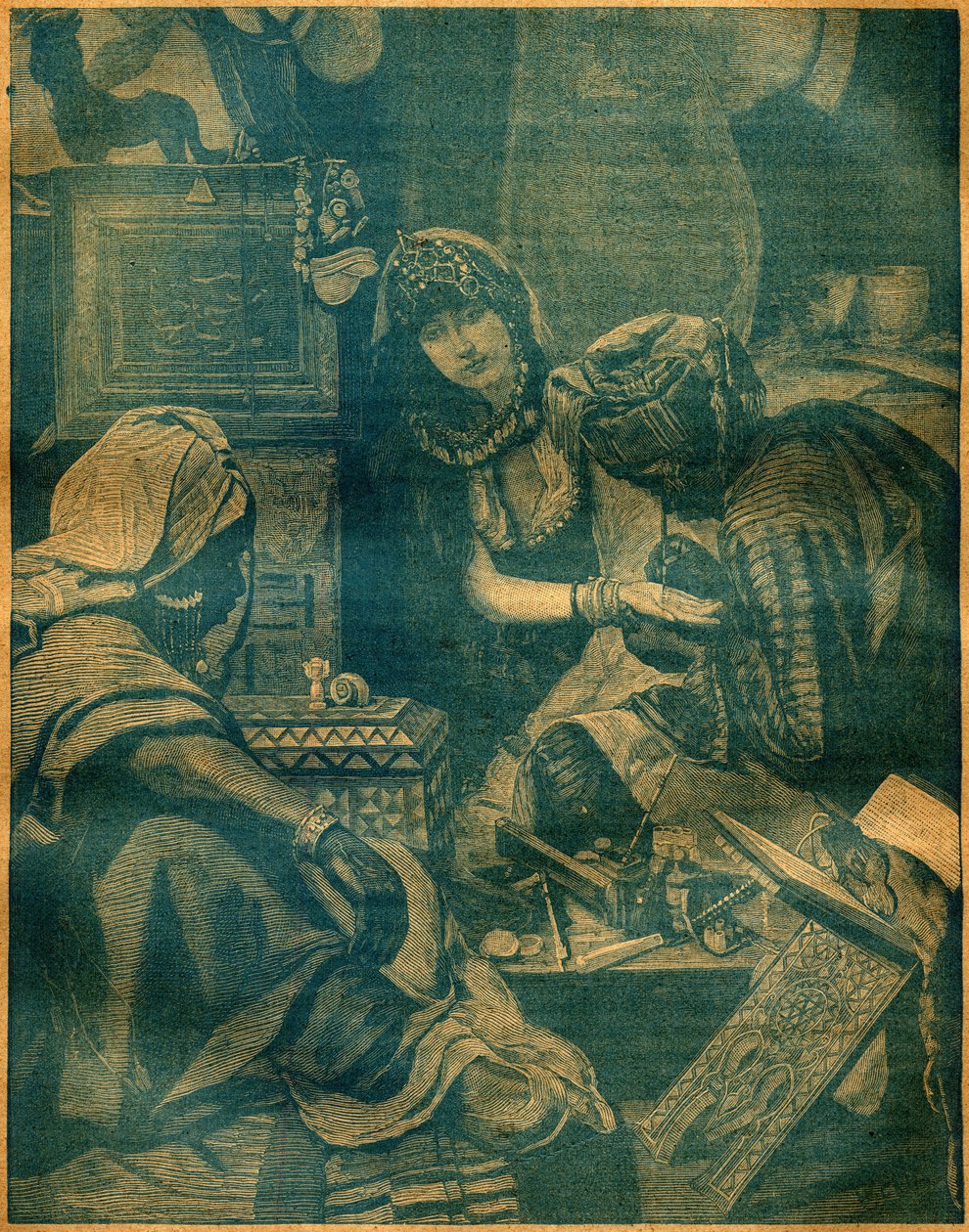 Hindistan, Lahor'da bir çarşı. 25 Ağustos 1892 tarihli “La Terre Illustree” n°94'teki gravür. by French School