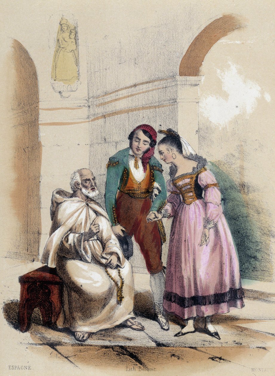 Kilisede evlenen bir çift; İspanya için illüstrasyon, -M.E Fouinet