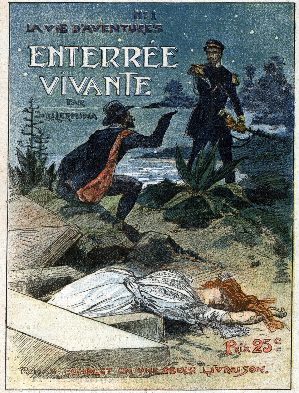 Silahlı bir suç silahı, bir kadının cesedini gömmeye cesaret ederken onu yakalayan bir kanun adamını tehdit ediyor. Jules Lermina (1839-1913) tarafından “Yaşayan Defin” için illüstrasyon. “Life of Adventures” gazetelerinden biri. “Journal des Voyages” deki by French School