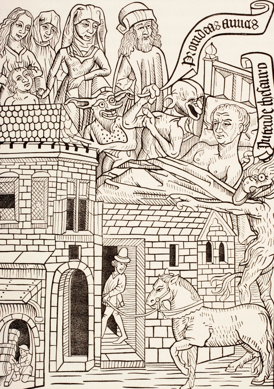 Ailesiyle çevrili ölmekte olan bir günahkar ve kulağına iki şeytan fısıldıyor, 15. yüzyıldan kalma metin Ars Moriendi veya The Art of Dying, Les Artes au Moyen Age