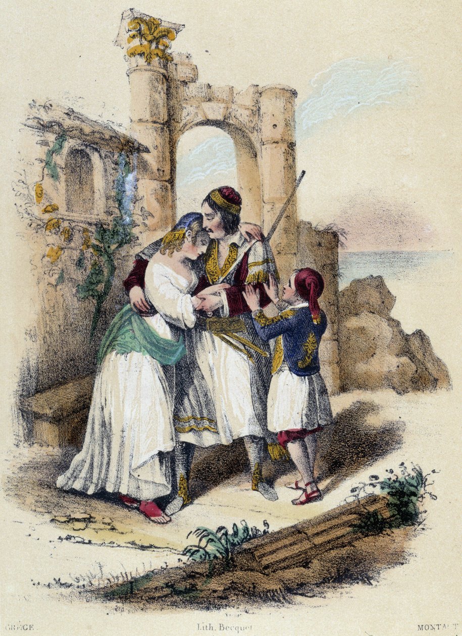 Harabelerle çevrili bir aile; Yunanistan için illüstrasyon, -M.E Fouinet