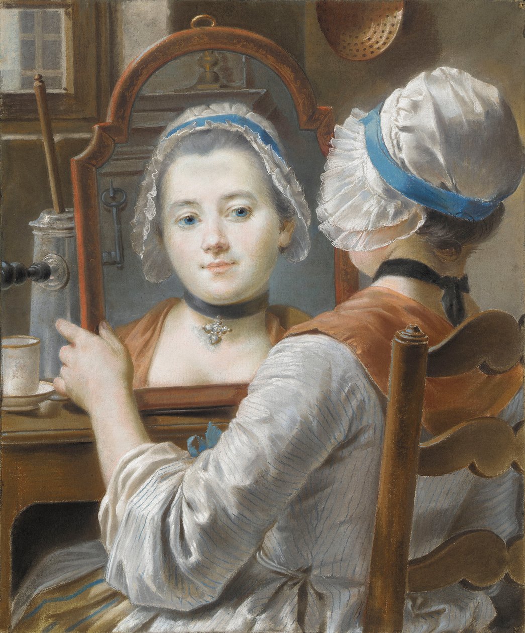 Şapkalı bir kız, elinde çikolata ve masada bir fincanla aynada kendine bakıyor, 1750 dolayları by French School