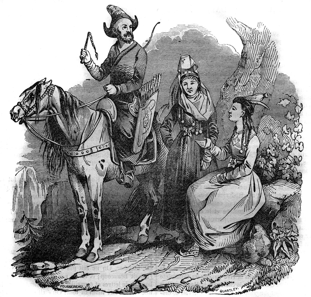 Geleneksel kostümlü bir grup Kırgız (Kırgız) Kazak. “” Pitoresk mağazada”” 1835 by French School