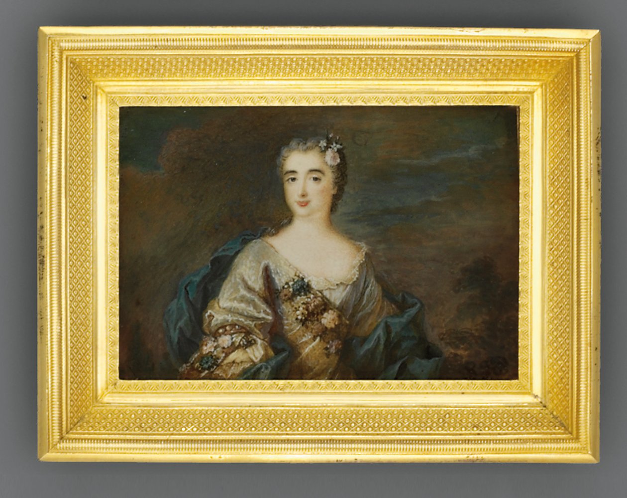 Louise-Jeanne de Durfot adında bir bayan, Duchesse de Mazarin et de la Meilleraye, c.1750 (fildişi üzerine suluboya) by French School