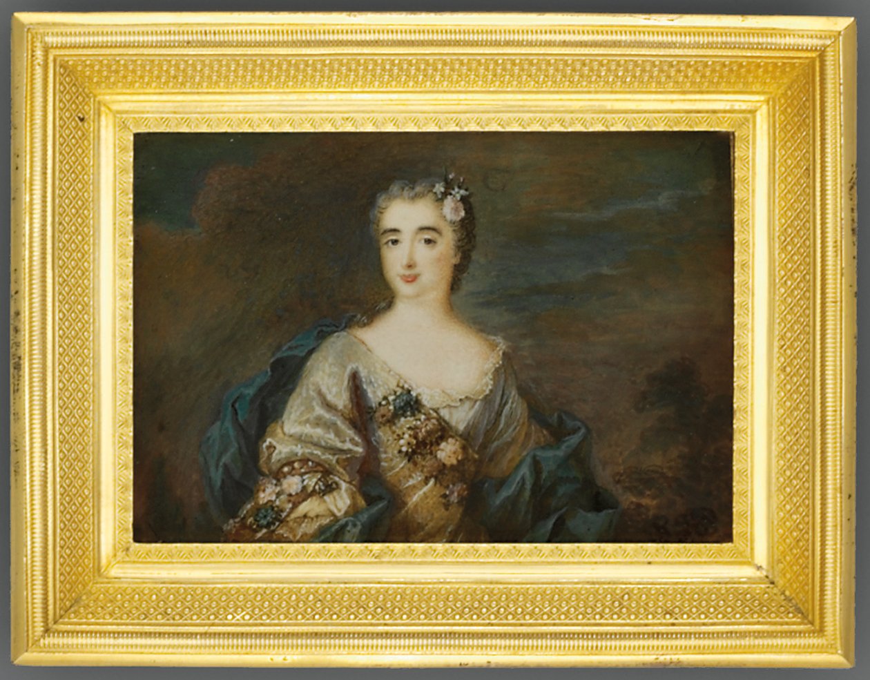 Louise-Jeanne de Durfot adında bir bayan, Duchesse de Mazarin et de la Meilleraye, c.1750 (fildişi üzerine suluboya) (ayrıca bkz. 1630586) by French School