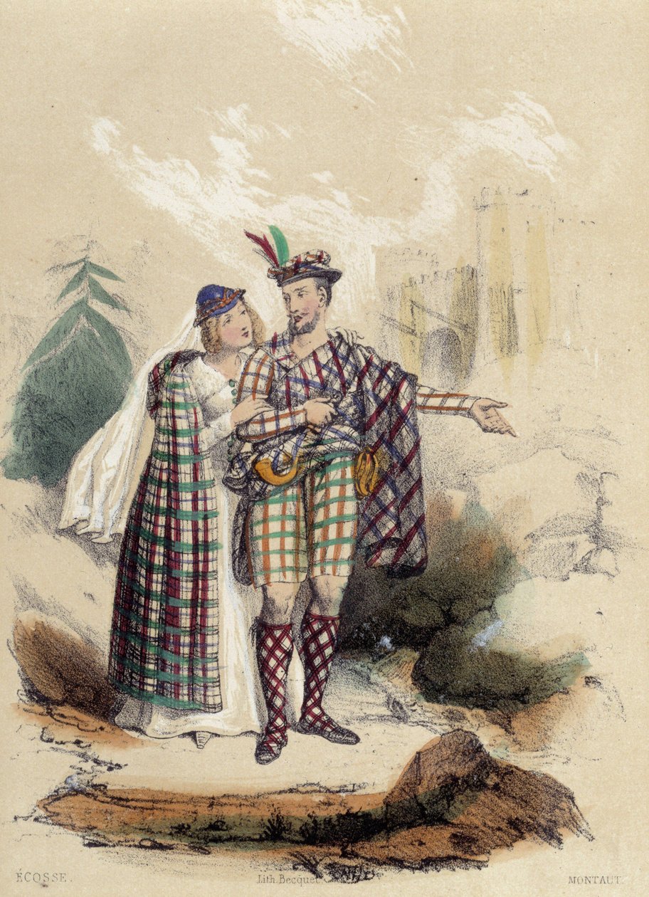 Bir kalenin önünde bir etek ve yoldaşını taşıyan bir adam; İskoçya için illüstrasyon, - M.E Fouinet