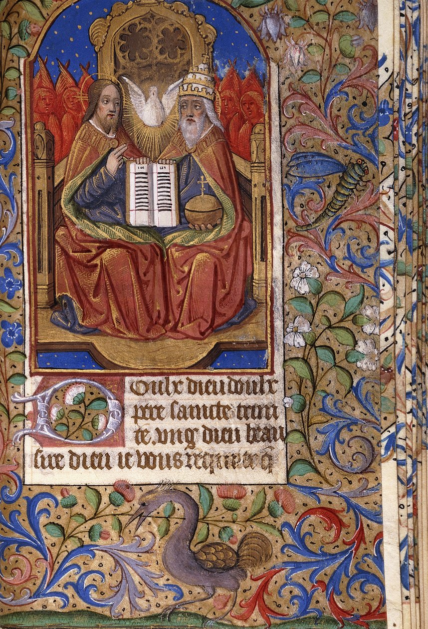 Bir Saatler Kitabından Latince ve Fransızca, üçlemeyi meleklerle taçlandırılmış olarak tasvir eden bir minyatür, c.1485 by French School