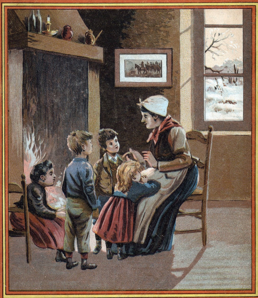 Bir anne ateşin başında çocuklarına hikayeler anlatır. “Les tales du fuayer pour les petits””” kitabının kapağı. 19. yüzyılın anonim gravürü. by French School