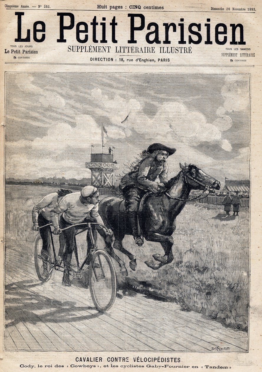 Velocipedistlere karşı yarışan bir binici: Buffalo Bill olarak bilinen William Frederic Cody (1846-1917), King of the Cowboys ve Tandem