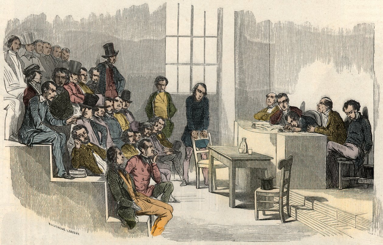 19. yüzyılda Paris'te Sorbonne'da bir araya gelme yarışmasının bir oturumu - Edmond Texier 1852'nin “Tableau-de-Paris”inde Gravür by French School