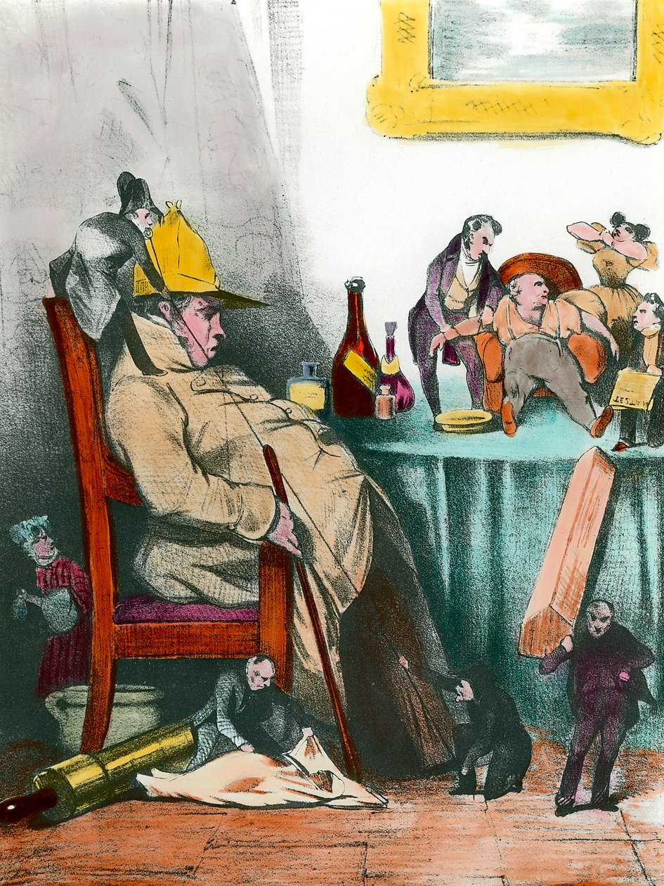 Oturan bir hipokondriyak bir sonraki ölümünü düşünürken Jean Baptiste Poquelin dit Moliere (1622-1673) tarafından “Le malade imaginaire” parçasının illüstrasyonu 19. yüzyıl Özel Koleksiyon by French School