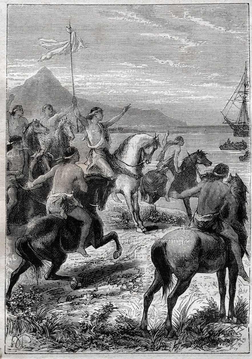 At sırtında bir asker birliği beyaz bir bayrak takıyordu: Koramiral John Byron (1723-1786), Cape des Virgins yerlileri tarafından 1764