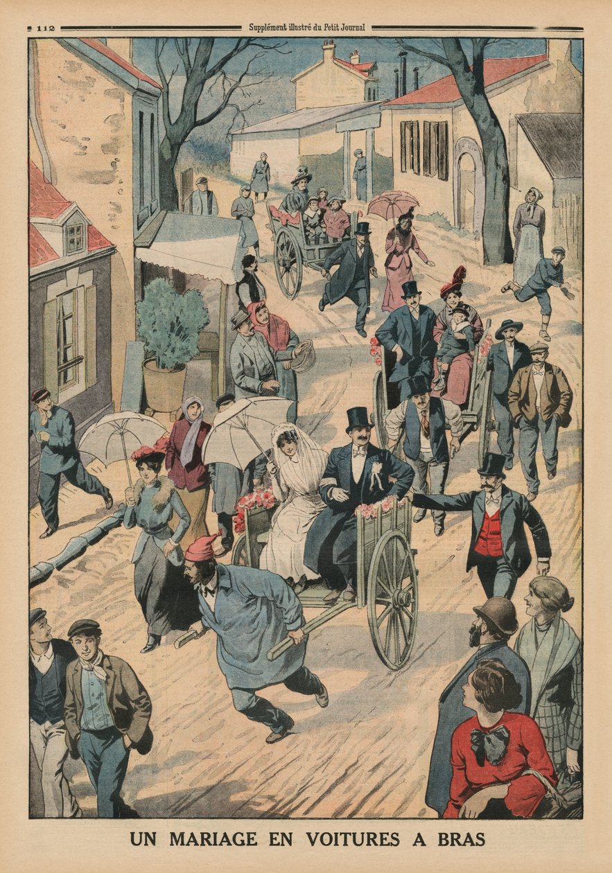 El arabalarında bir düğün, Le Petit Journal'dan arka kapak resmi, ek illustre, 5 Nisan 1914 by French School