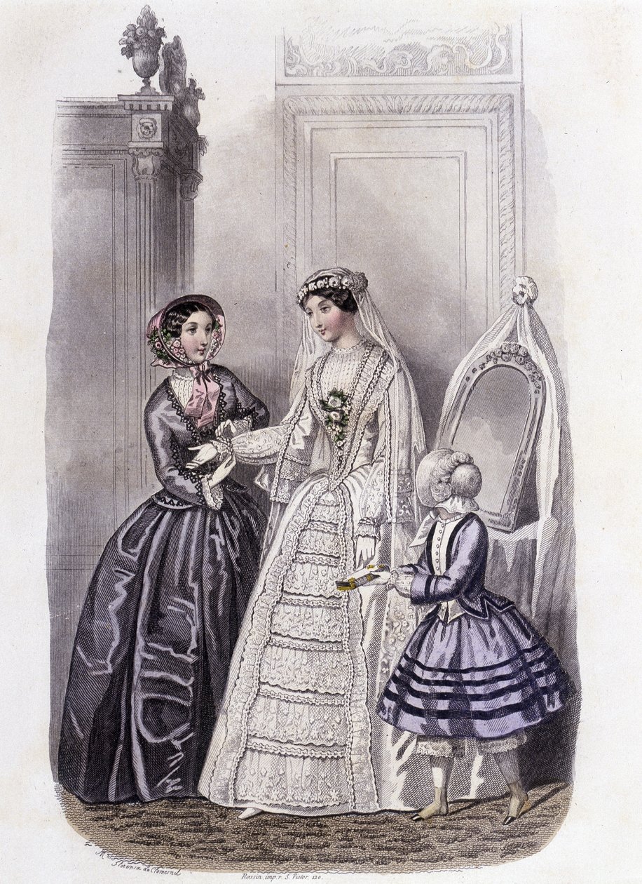 Bir kız ve bir bayanla çevrili gelinlikli bir kadın - “Journal des Demoiselles” 1852
