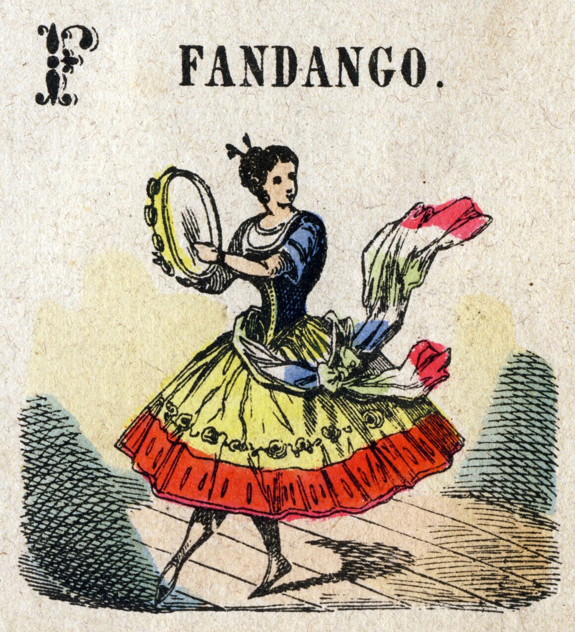 Abedary. Fandango gibi F harfi. Küçük ansiklopedik alfabe, popüler dizi. Epinal görüntüleme, 19. yüzyılın sonlarında by French School
