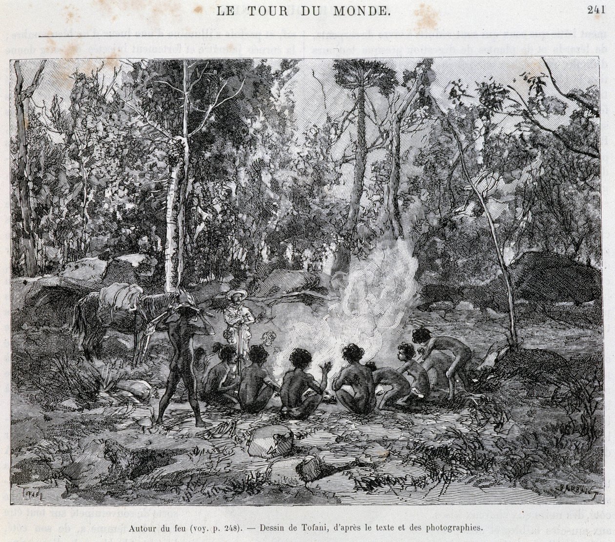 Aborjinler, bir yerleşimcinin gözetiminde, ateşin etrafında - “Tour du Monde” da” by French School