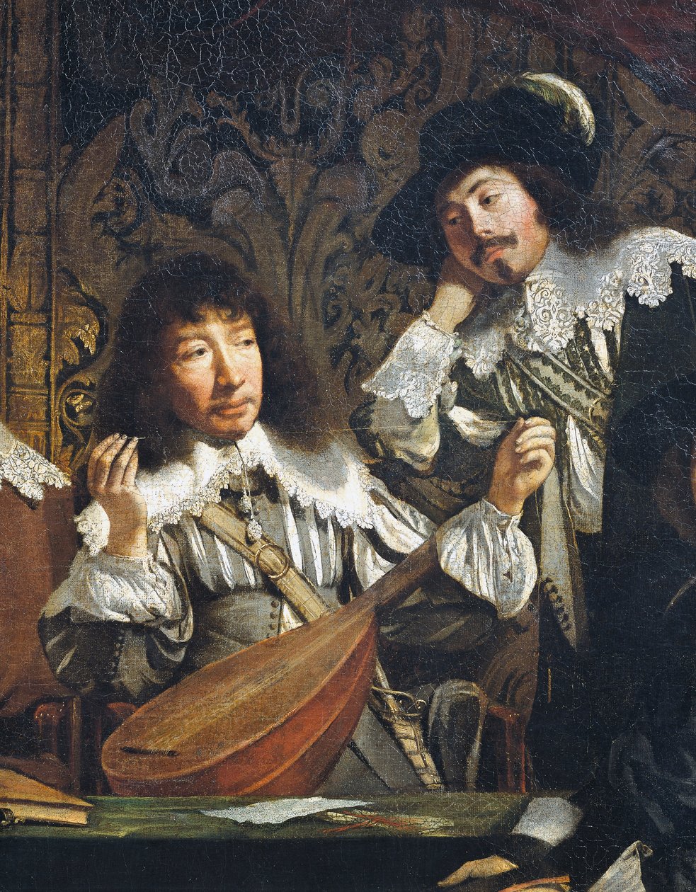 Müzik Akademisi veya amatörlerin buluşması, 1640 dolaylarında, Fransız okulunun bilinmeyen bir sanatçısı tarafından, ud akortunun detayı, tuval üzerine yağlı boya by French School