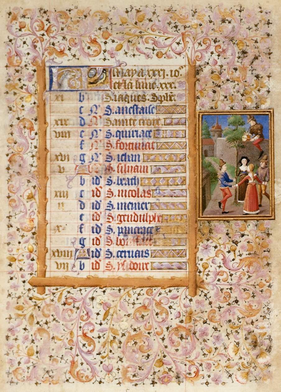 Add.25695 fol.5 Mayıs ayı için bir Saatler Kitabından (parşömen) Takvim sayfası by French School
