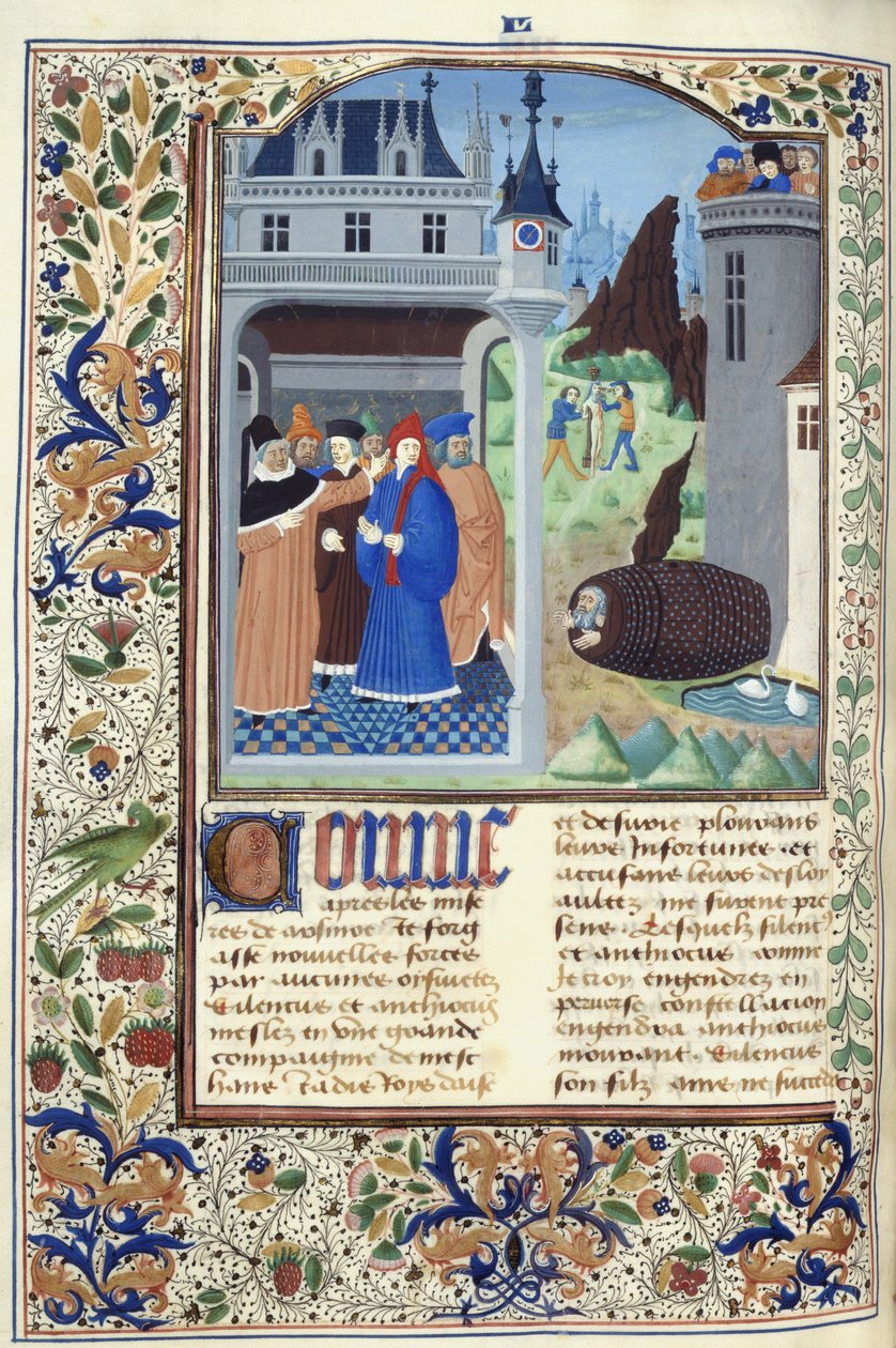 Ekle. 11696, f.136v Boccaccio gözlemci işkence, Giovanni Boccaccio'nun 'Le Livre des Cases des Nobles et Illustres Hommes' kitabından, c.1470 (parşömen üzerine mürekkep, renk ve altın) by French School