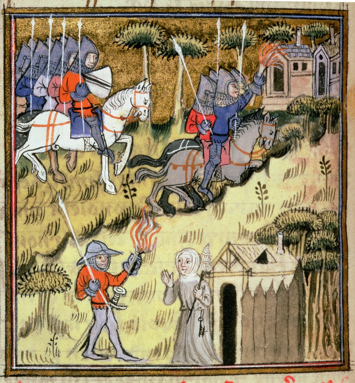 Alevli meşaleleri olan binalara 15269 f.178v Süvari ayar ışığı ekleyin; manastırını bir askerden koruyan bir rahibe, c.1380 by French School
