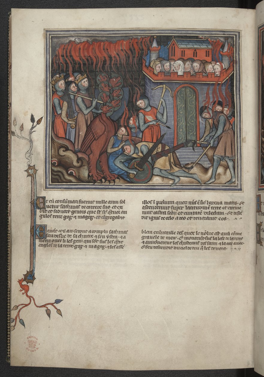 Ekle 17333, f.42v, Ejderhayla savaşan Cennet ordularının minyatürü (Vahiy XIX:19-20), Apocalypse