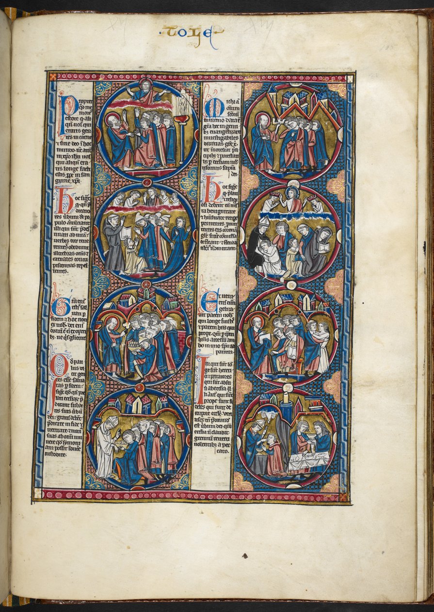 MS Harley 1527, f.105r, İncil ahlakından (parşömen) minyatürleri ekleyin by French School