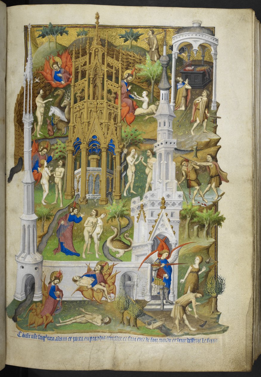 Ms 18850 f.14r Yaratılış ve Düşüş, Adem ve Havva ve oğulları Kabil ve Habil