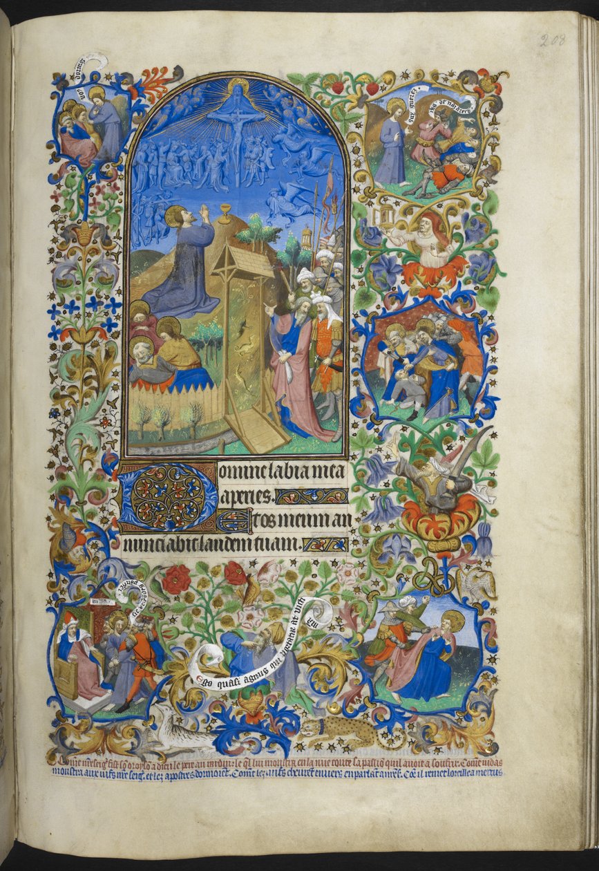 Ekle Ms 18850 f.208r, Hours of the Passion: Agony in the Garden, bordürde ek sahneler ile, Book of Hours (Bedford Hours) c.1410-30 (parşömen üzerine mürekkep, renkli ve altın) by French School
