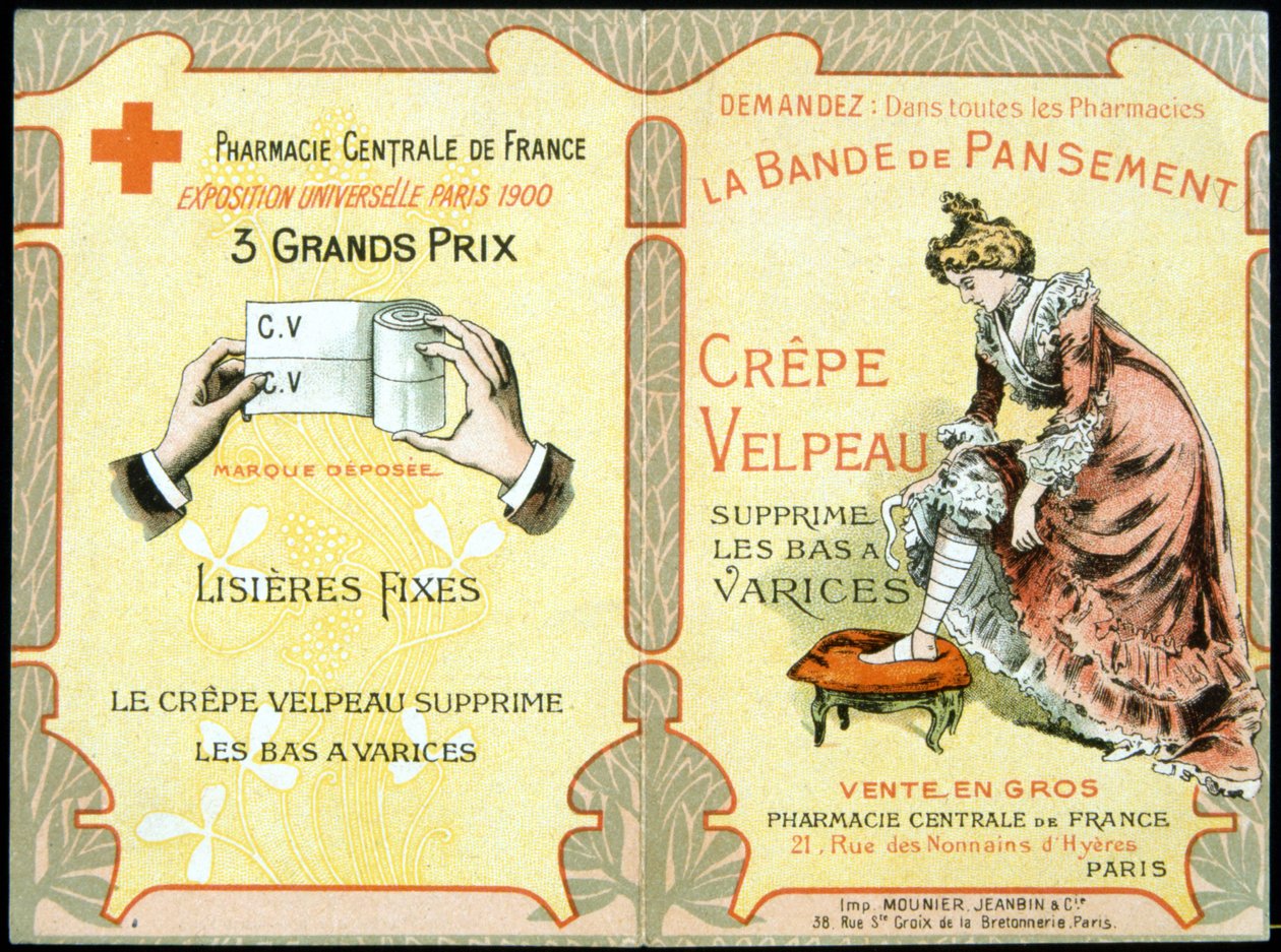 “” Velpeau Krep Pansuman Bandı varis çoraplarını çıkarır” reklam kartı. SD. 19. yüzyıl. by French School