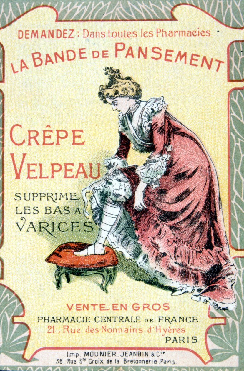 “” Velpeau Krep Pansuman Bandı varis çoraplarını çıkarır” reklam kartı. SD. 19. yüzyıl. by French School