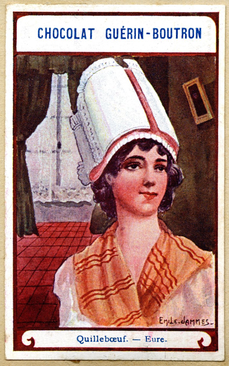 Çikolataların reklam kromolitografisi Guerin Boutron, Fransa bölgelerinin başlıkları, Quillebœuf, Eure, illüstrasyon Emile Jammes (kromolitograf) by French School