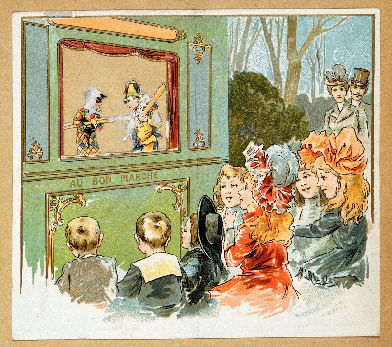 "Le Bon marche" mağazasının reklamı, bir grup çocuğun amcık şovunu izlediğini gösteriyor, 20. yüzyıl (lito) by French School