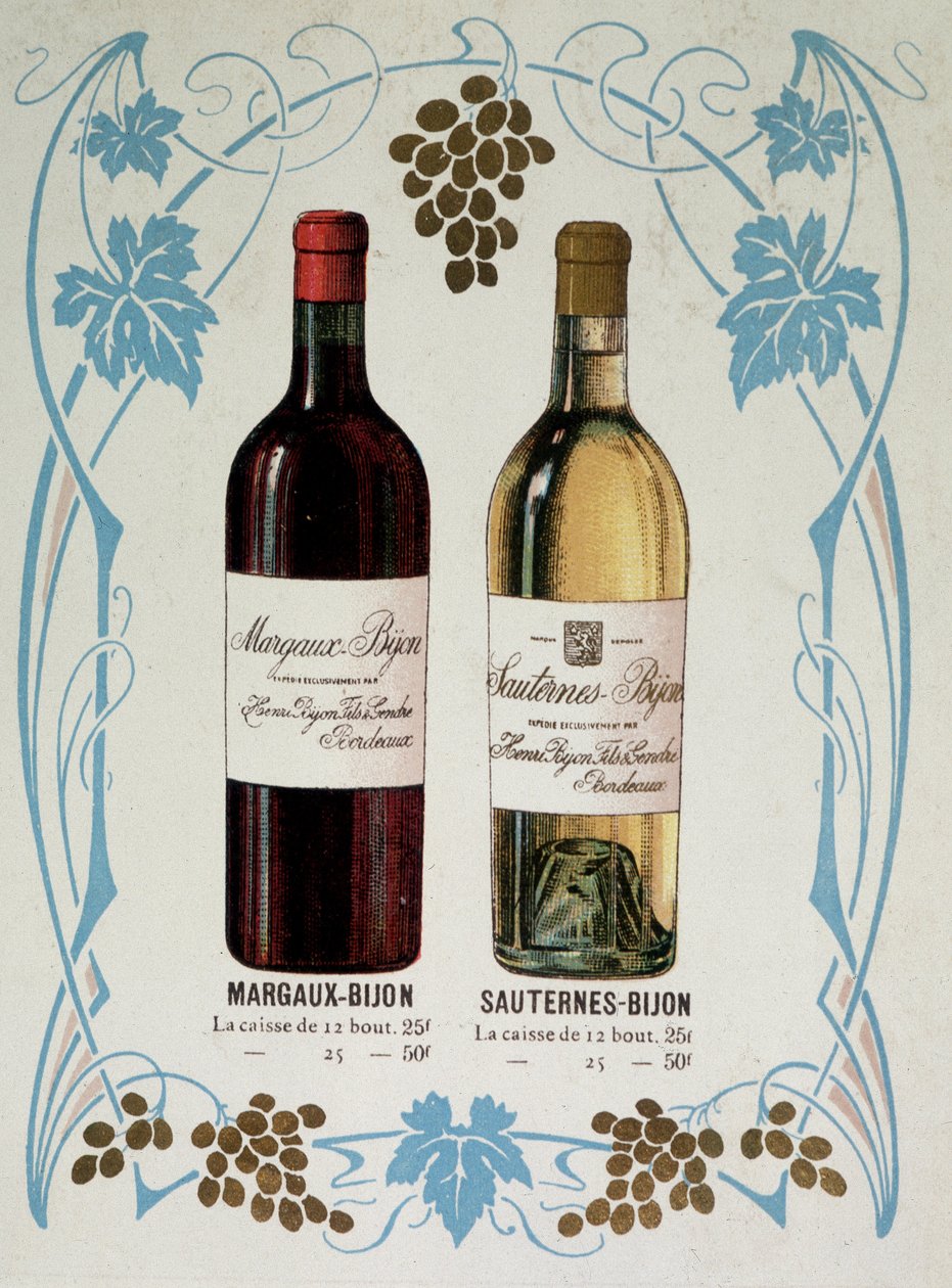 Şarap Margaux-Bijon (Margaux Bijon) ve Sauternes-Bijon (Sauternes Bijon) satışı için reklam, 12 şişeden 25 frs, 25