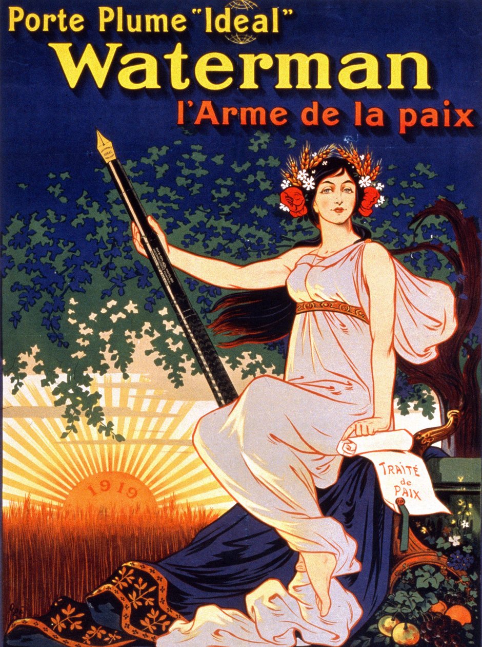 “İdeal Waterman Fountain Holder, the Weapon of Peace” (Barış Antlaşması ve Waterman Feather tutan bir kadın) için reklam afişi. Litografi 1919. by French School