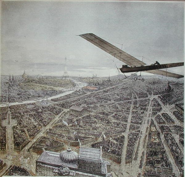 Paris üzerinde uçan uçak, 1911 takvimi için illüstrasyon (renkli taş) by French School