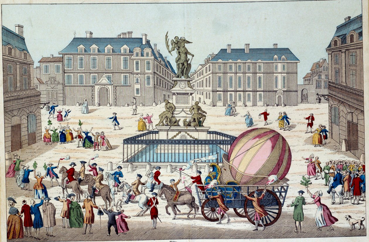 Aerostat: Bir balonla ikinci uçma denemesi. Charles ve Robert'ın Paris'teki tüm aerostatik küresi, 12/02/1783 tarihinde hidrojenik bir gaz balonuyla yaptıkları yolculuktan sonra. Anonim 18. yüzyıl baskısı. Paris, dekoratif sanatlar by French School