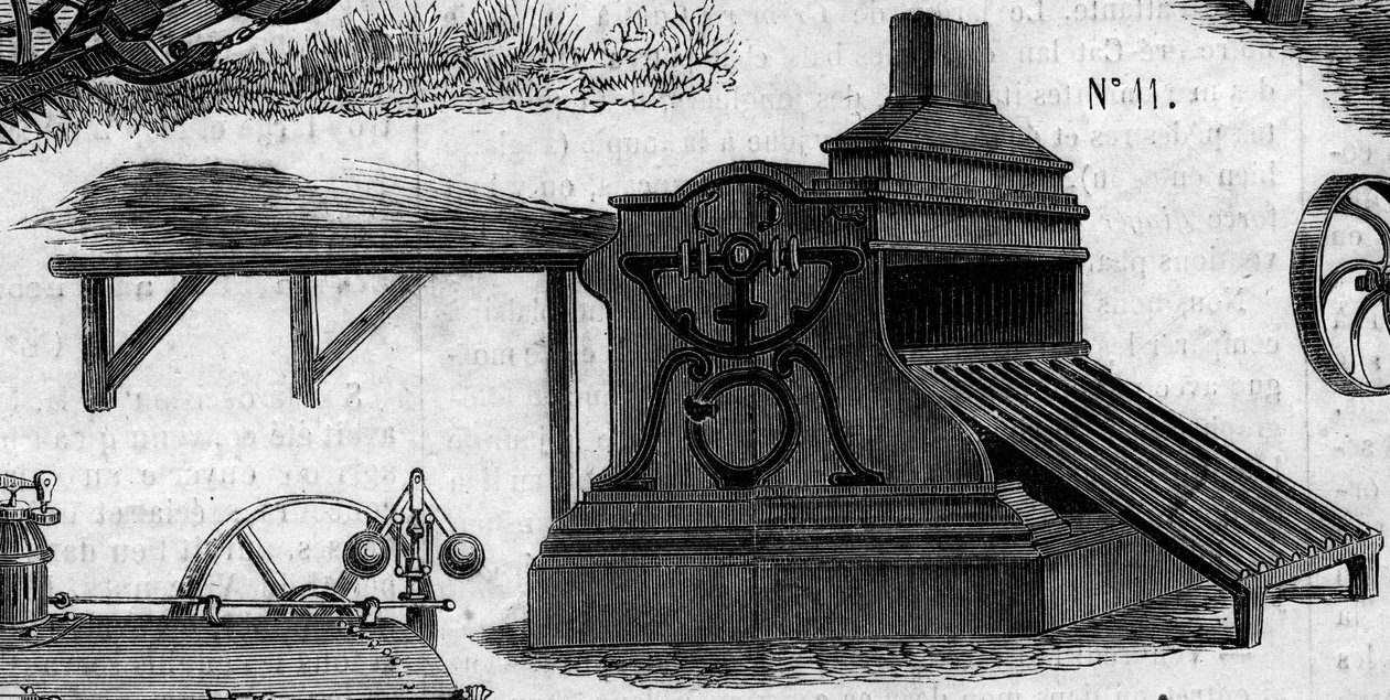 Tarım makinesi: 1860 yılında Paris tarım yarışmasında sunulan bir harman makinesi. 7 Temmuz 1860 tarihli “” Le Monde Illustré” n°169
