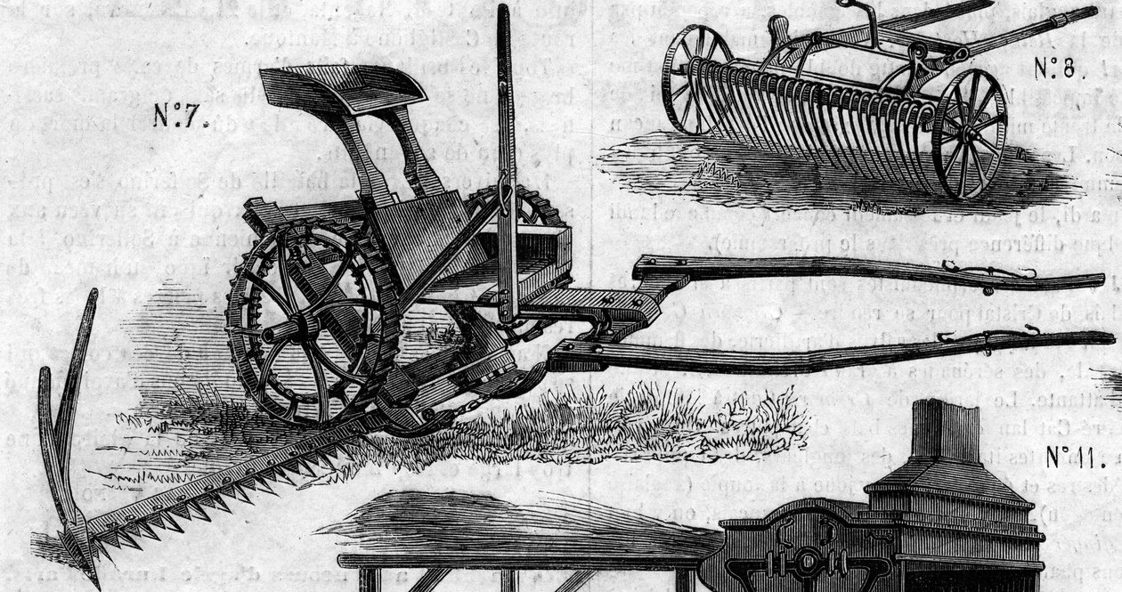 Tarım makinesi: 1860 yılında Paris tarım yarışmasında sunulan bir Amerikan biçerdöver makinesi. 7 Temmuz 1860 tarihli “” Le Monde Illustré” n°169