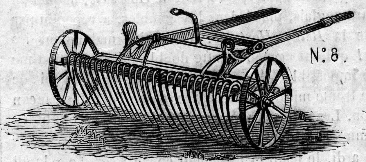 Tarım makinesi: 1860 yılında Paris tarım yarışmasında sunulan bir İngiliz at tırmığı. 7 Temmuz 1860 tarihli “” Le Monde Illustré” n°169