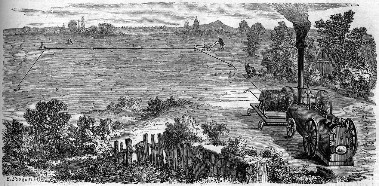 Tarım: ekimi için bir buhar makinesi kullanan köylüler. 15 Ekim 1859 tarihli “Le Monde Illustré” n°131