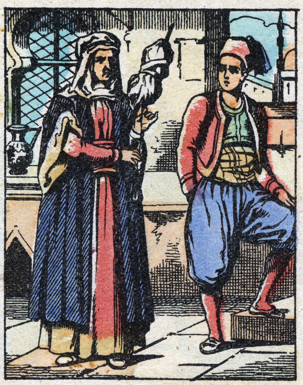 Aladin ve annesi işlerinden yaşıyorlar. Binbir Gece Masallarının gravürü “” Aladin ve Harika Lamba””. Epinal görüntüleme, 19. yüzyılın sonlarında. Özel koleksiyon. by French School