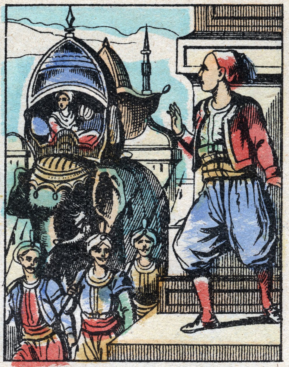 Aladin, padişahın kızına aşık olur. Binbir Gece Masallarının gravürü “” Aladin ve Harika Lamba””. Epinal görüntüleme, 19. yüzyılın sonlarında. Özel koleksiyon. by French School