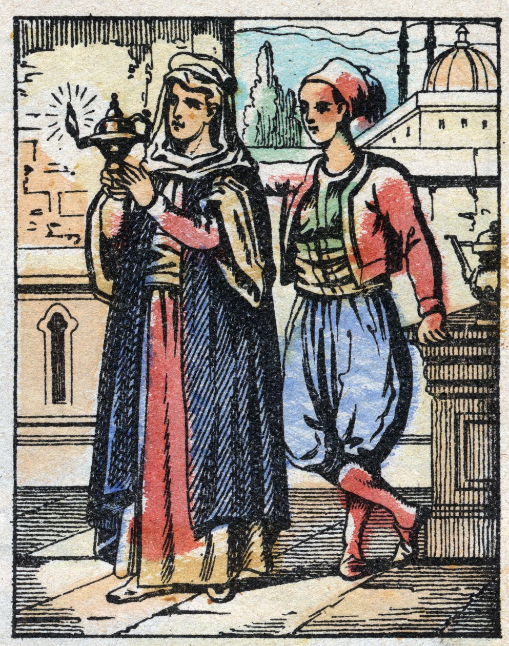 Aladin sihirli lambayı annesine takar. Binbir Gece Masallarının gravürü “” Aladin ve Harika Lamba””. Epinal görüntüleme, 19. yüzyılın sonlarında. Özel koleksiyon. by French School