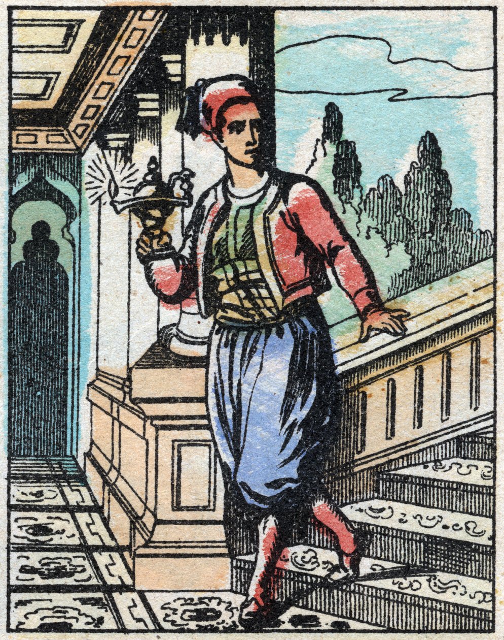 Aladin sihirli lambalı artık yolunu bulamıyor. Binbir Gece Masallarının gravürü “” Aladin ve Harika Lamba””. Epinal görüntüleme, 19. yüzyılın sonlarında. Özel koleksiyon. by French School