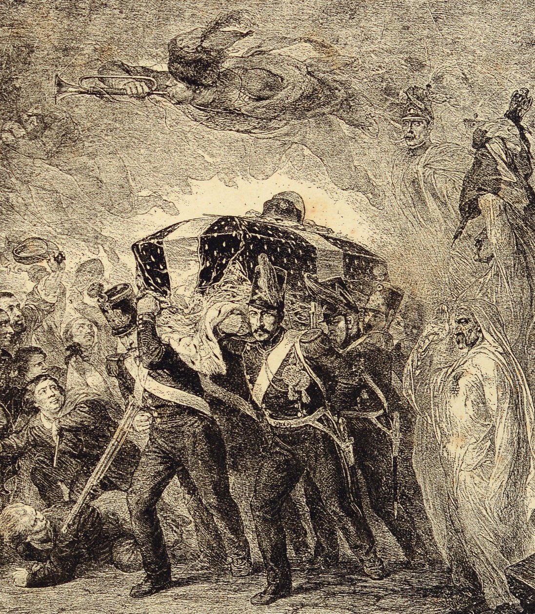 Fransız imparatoru Napolyon Bonapart'ın küllerinin 1840'ta dönüşünü anlatan alegori. 19. yüzyıl ("Renkler, adetler, kullanımlar, kostümler, icatlar"dan gravür) by French School