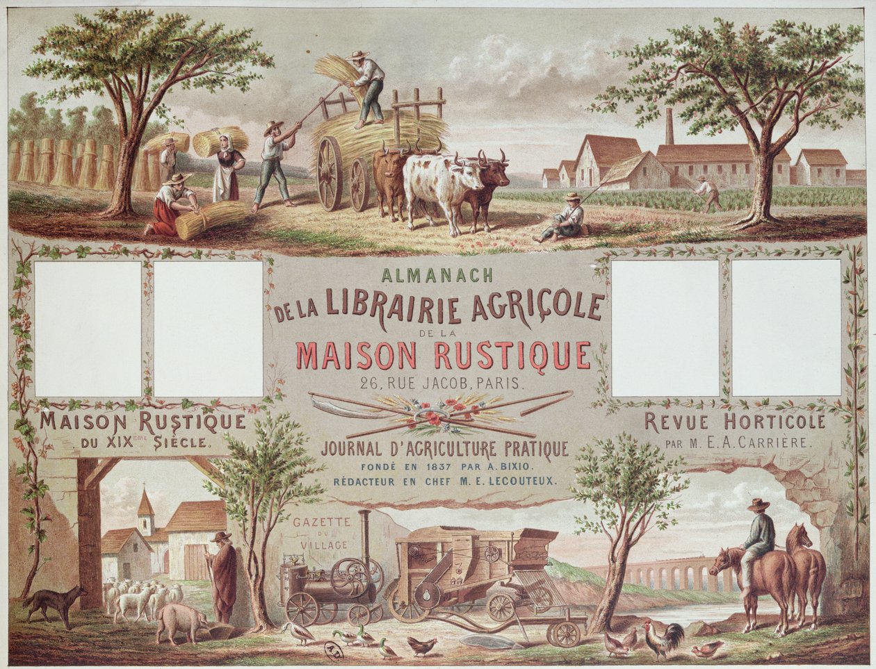 Geleneksel ve modern çiftçilik yöntemlerini gösteren Almanak. c.1870-80 by French School